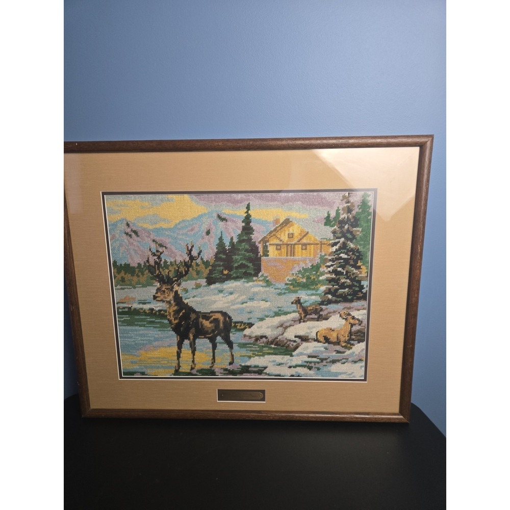 Vtg Hand Stitched Finished Needlepoint Framed Deer Elks Forest Hunter Signed